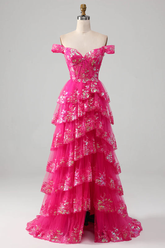 Off The Shoulder Fuchsia Prom Dress with Sequins