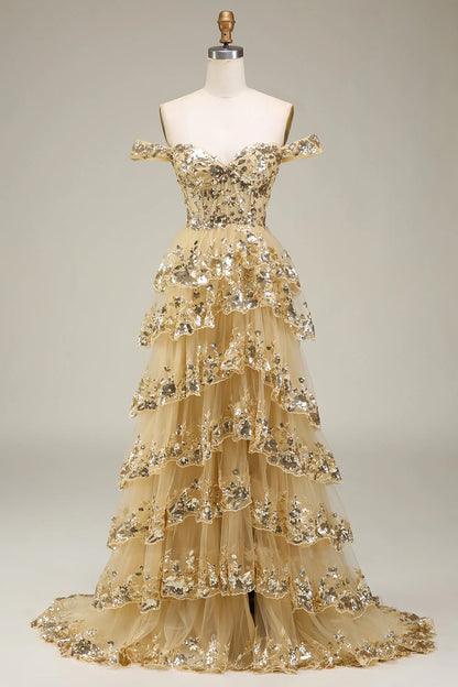 Off the Shoulder Grey Silver Sparkly Tiered Prom Dress with Slit