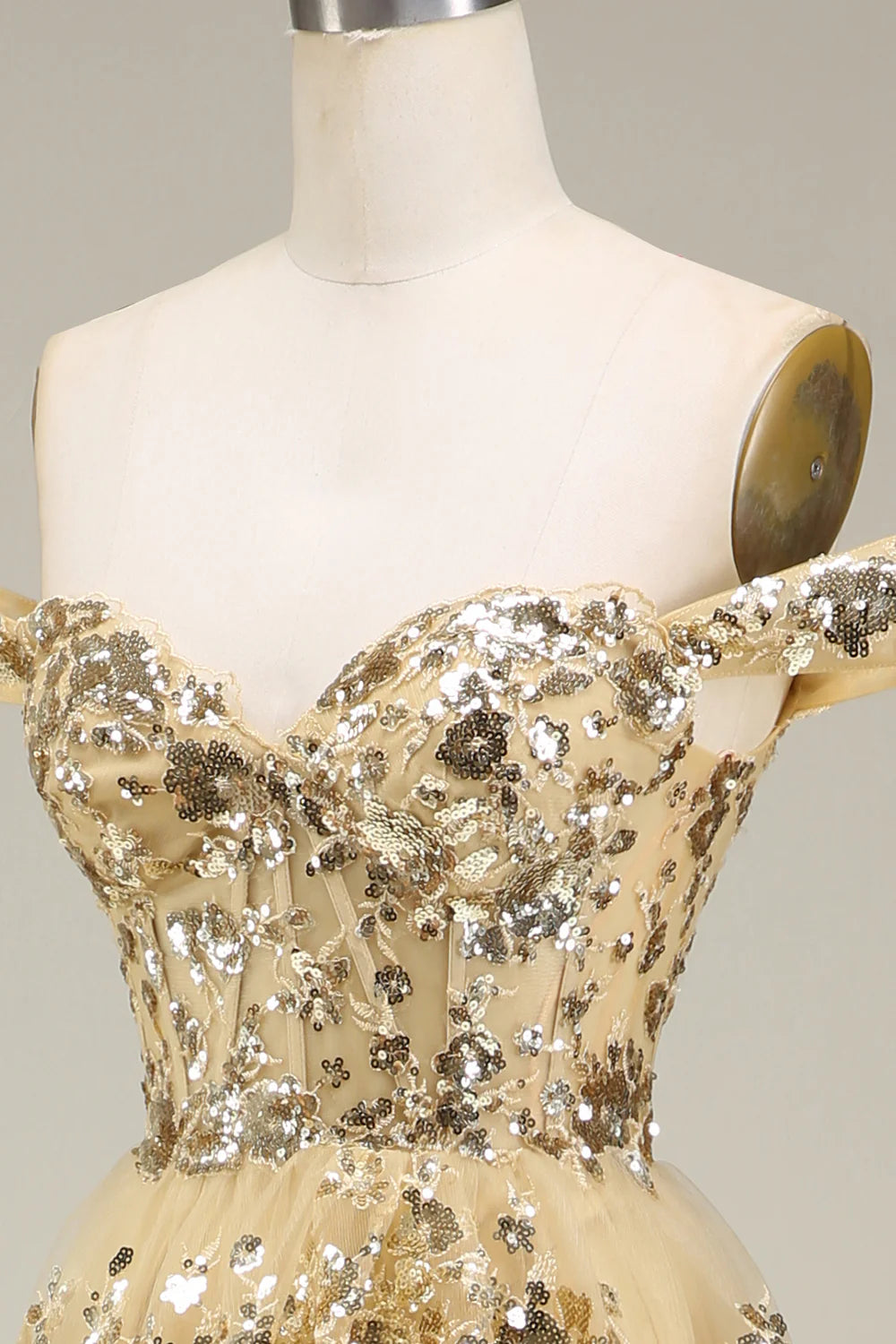 Princess A Line Off The Shoulder Gold Tiered Prom Dress