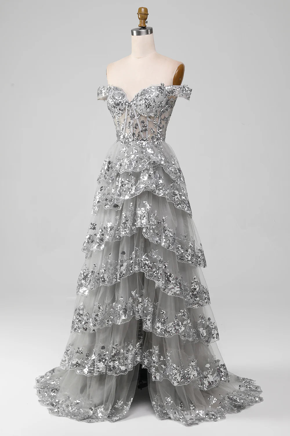 Off the Shoulder Grey Silver Sparkly Tiered Prom Dress with Slit