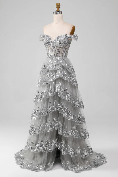 Off the Shoulder Grey Silver Sparkly Tiered Prom Dress with Slit