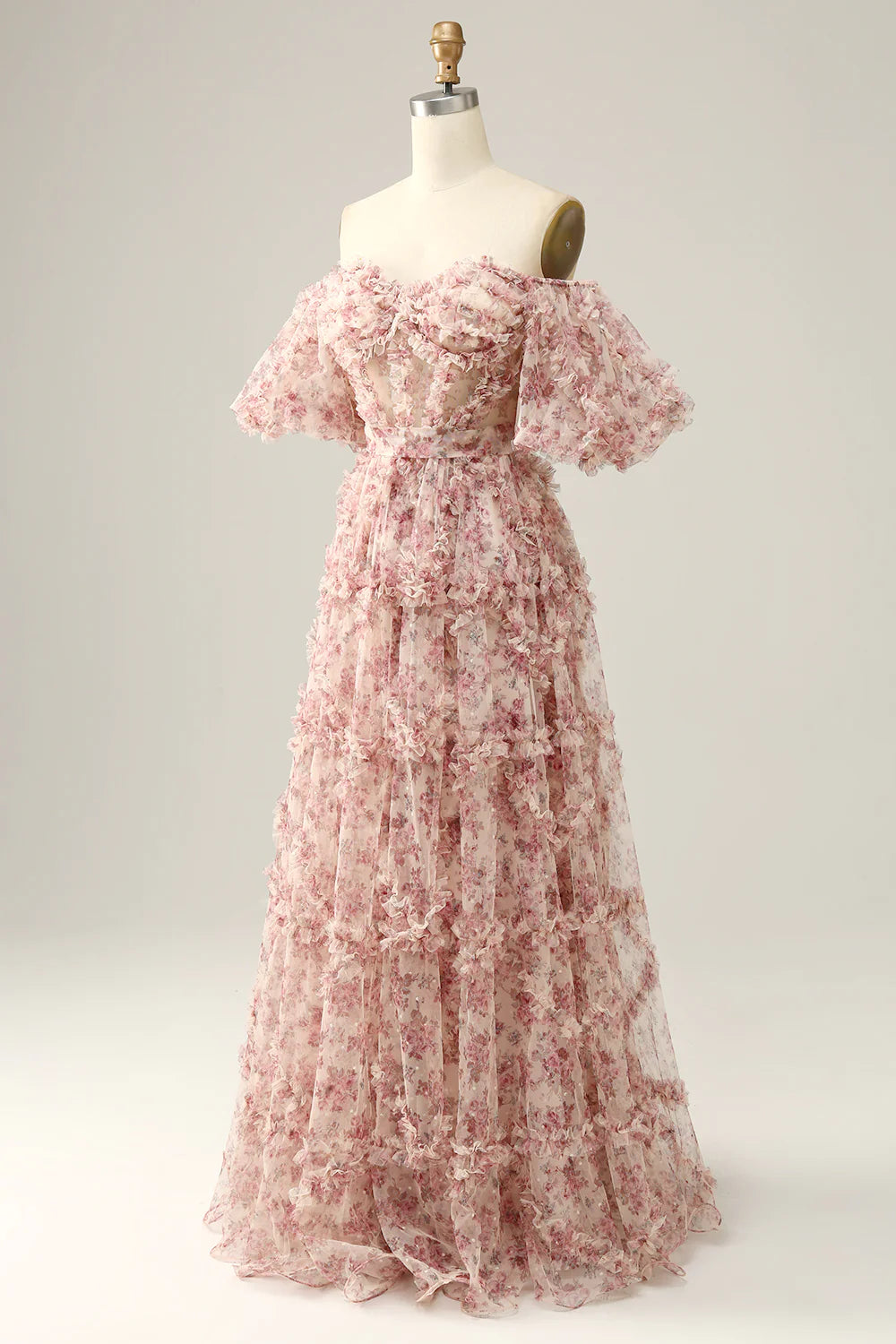 Ivory Red Flower Off The Shoulder Prom Dress