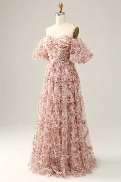 Ivory Red Flower Off The Shoulder Prom Dress