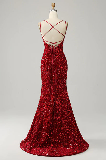Sparkly Mermaid Backless Long Prom Dress with Fringes