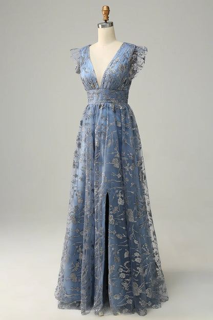 Beaira A Line Deep V Neck Grey Blue Plus Size Prom Dress with Embroidery