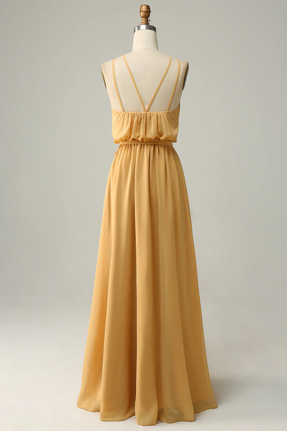 Beaira A Line Halter Yellow Long Bridesmaid Dress with Bowknot