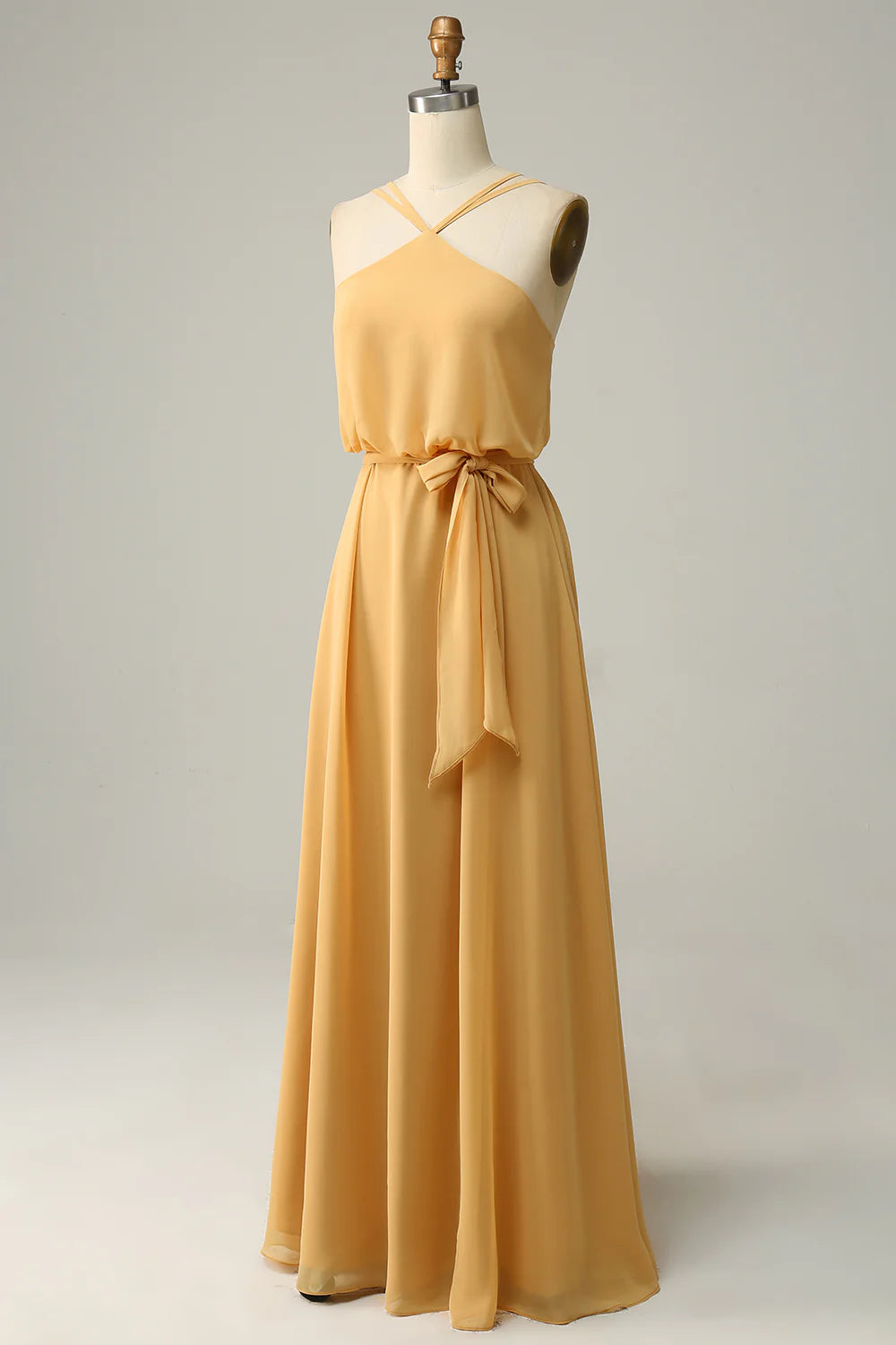Beaira A Line Halter Yellow Long Bridesmaid Dress with Bowknot