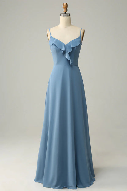 Beaira A Line Spaghetti Straps Grey Blue Long Bridesmaid Dress with Ruffles