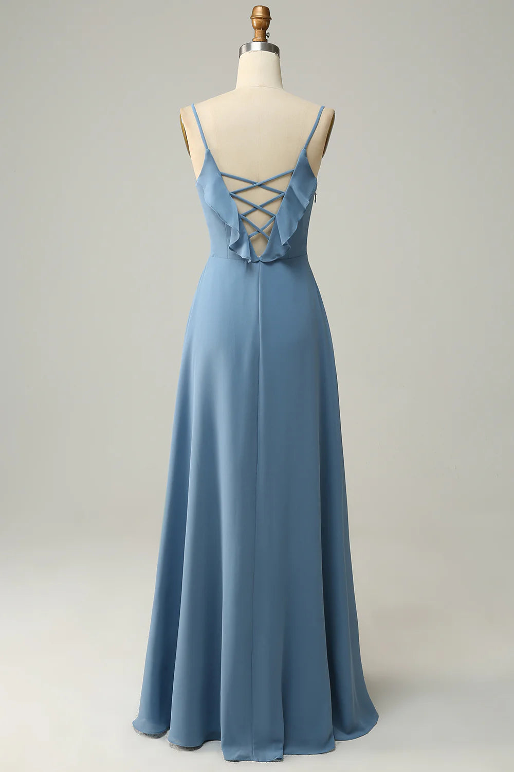Beaira A Line Spaghetti Straps Grey Blue Long Bridesmaid Dress with Ruffles