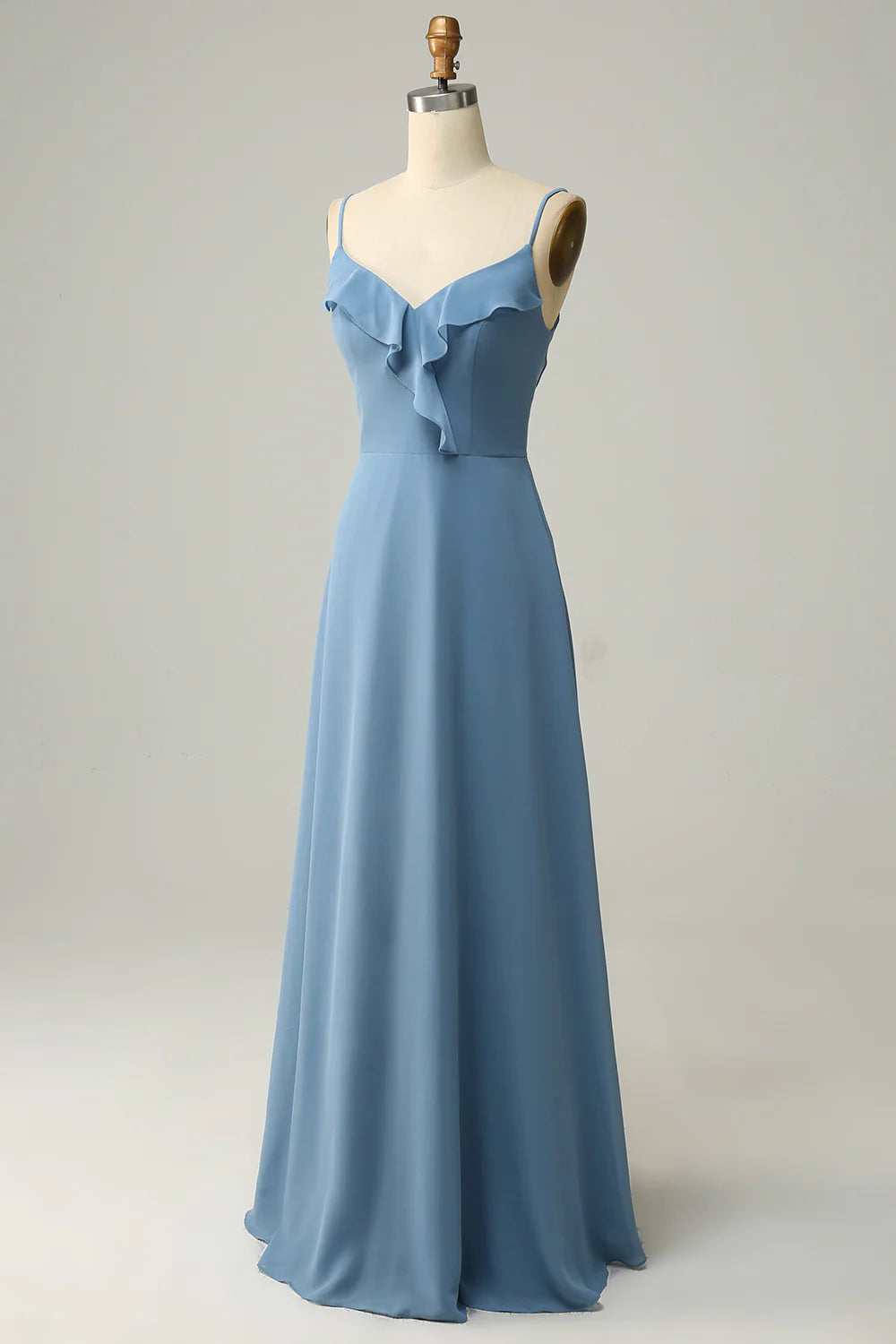 Beaira A Line Spaghetti Straps Grey Blue Long Bridesmaid Dress with Ruffles