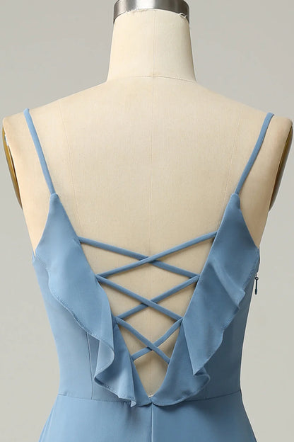 Beaira A Line Spaghetti Straps Grey Blue Long Bridesmaid Dress with Ruffles