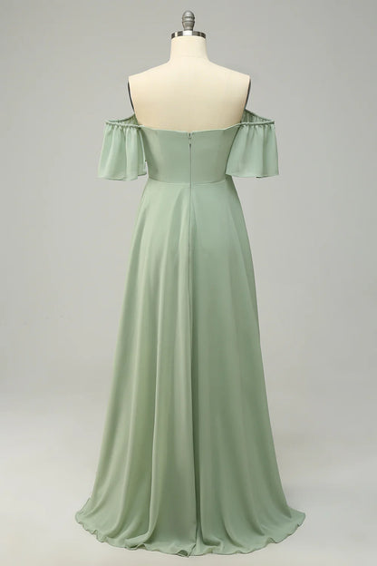 Beaira A Line Off the Shoulder Green Long Bridesmaid Dress with Ruffles