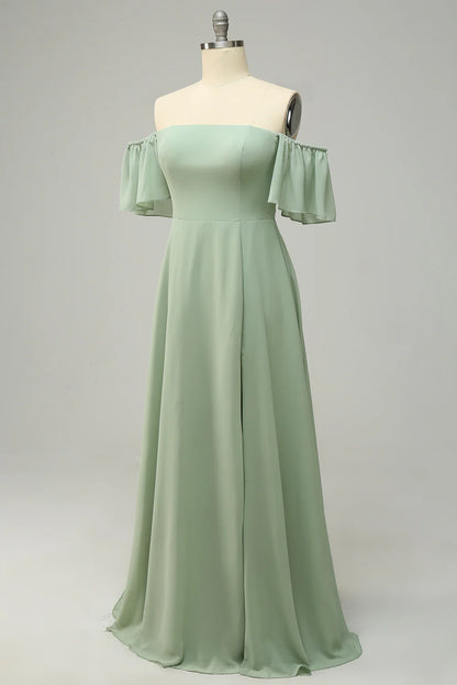Beaira A Line Off the Shoulder Green Long Bridesmaid Dress with Ruffles