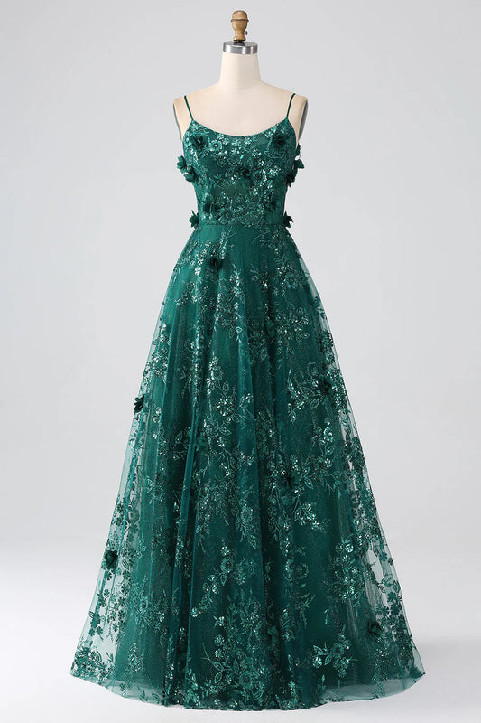 Beaira Glitter Dark Green Spaghetti Straps Lace Flower Long Corset Prom Dress