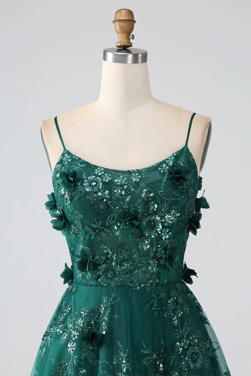 Beaira Glitter Dark Green Spaghetti Straps Lace Flower Long Corset Prom Dress