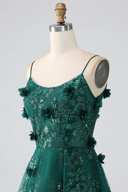 Beaira Glitter Dark Green Spaghetti Straps Lace Flower Long Corset Prom Dress
