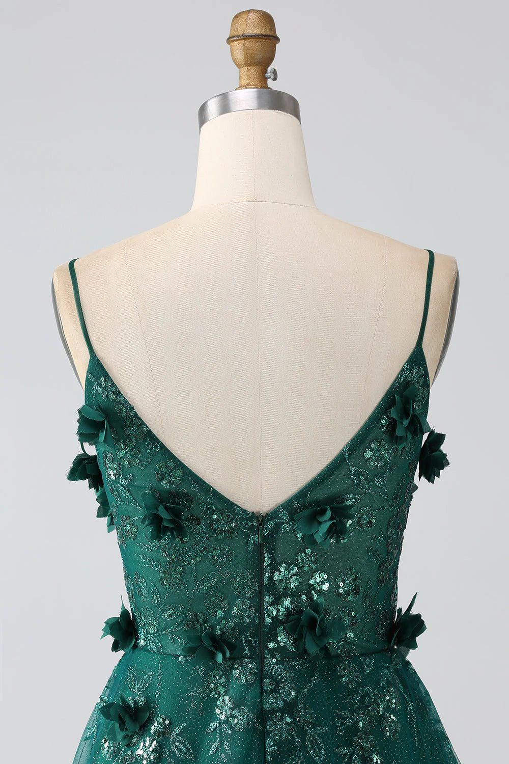 Beaira Glitter Dark Green Spaghetti Straps Lace Flower Long Corset Prom Dress