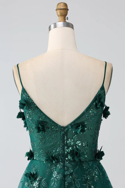 Beaira Glitter Dark Green Spaghetti Straps Lace Flower Long Corset Prom Dress