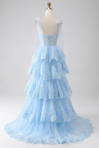 Sweetheart Bow Tie Straps Tiered Tulle Sequin Prom Dress with Appliques