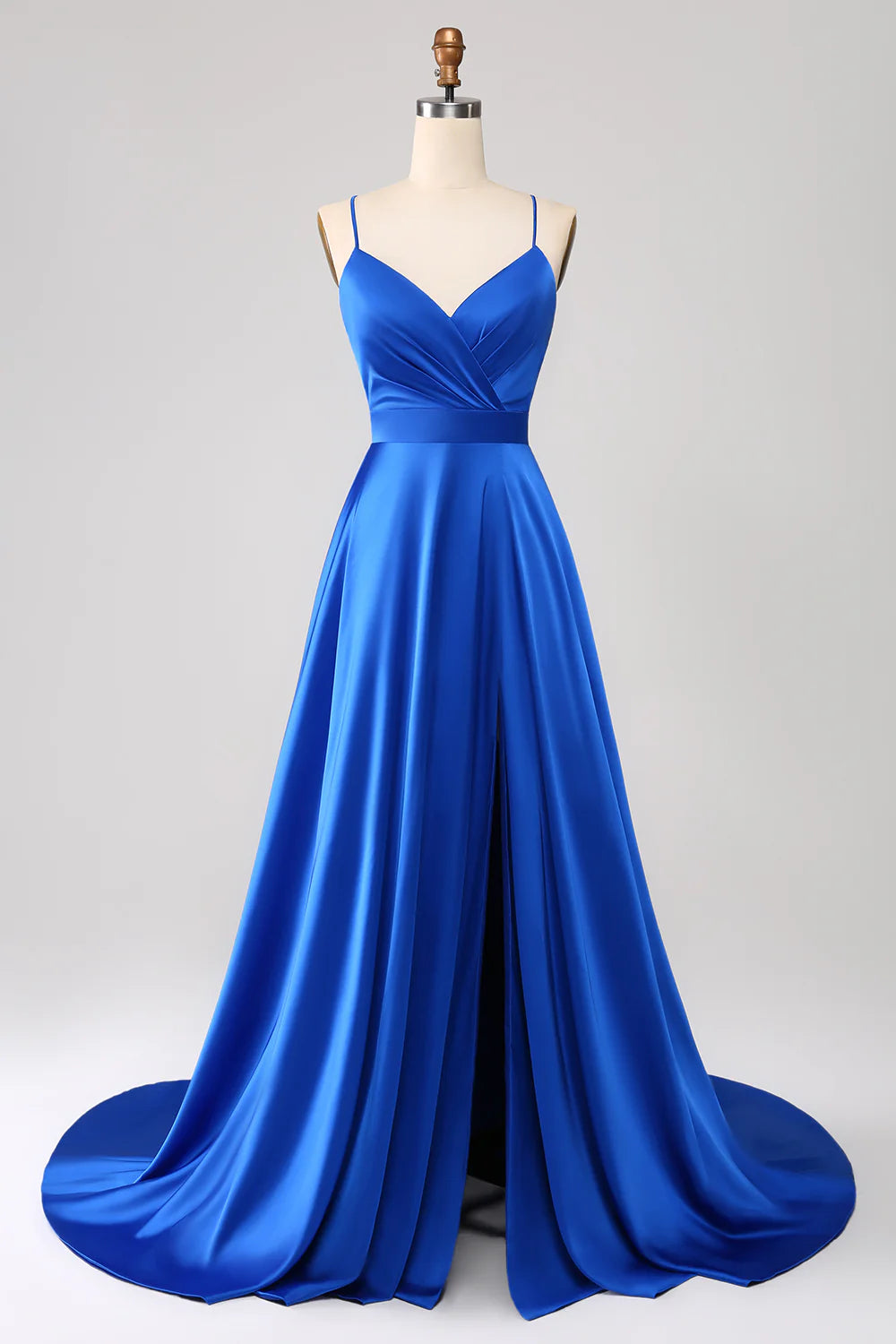 Beaira Royal Blue A Line Spaghetti Straps Satin Prom Dress with Slit