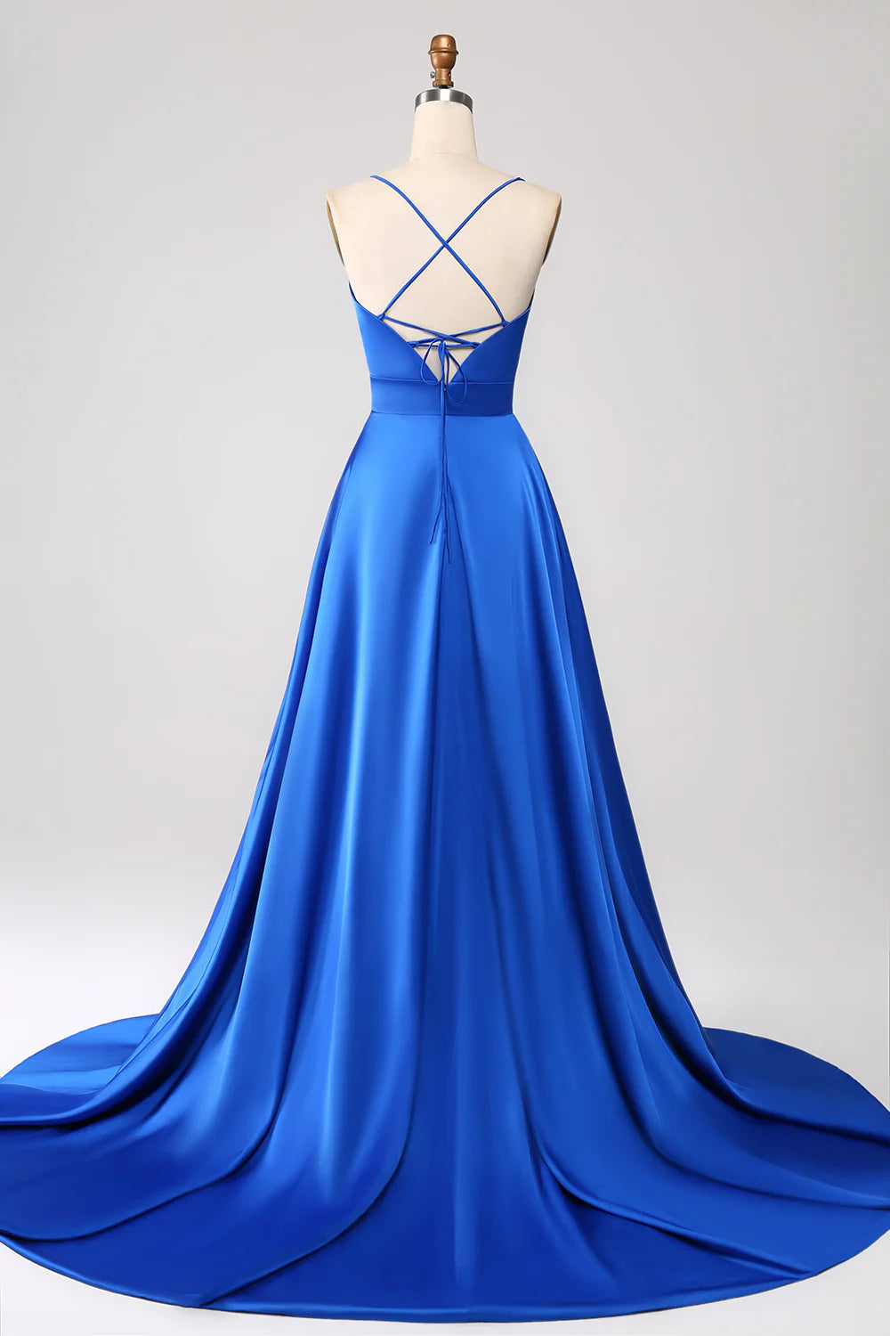 Beaira Royal Blue A Line Spaghetti Straps Satin Prom Dress with Slit