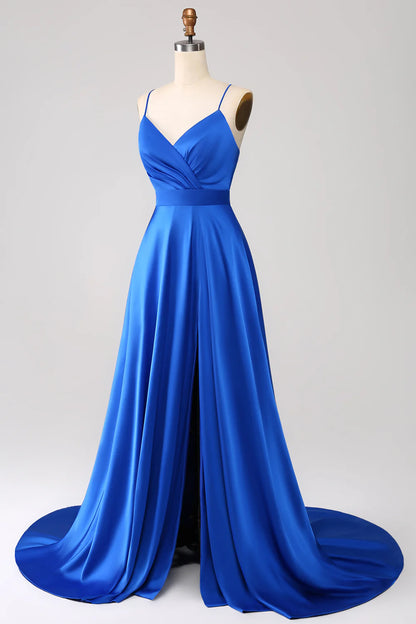 Beaira Royal Blue A Line Spaghetti Straps Satin Prom Dress with Slit