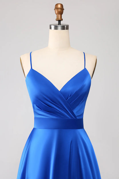 Beaira Royal Blue A Line Spaghetti Straps Satin Prom Dress with Slit