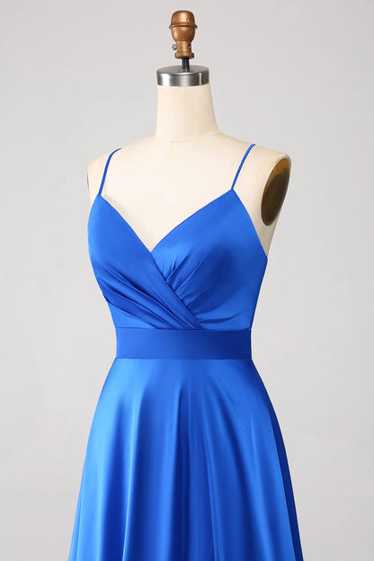 Beaira Royal Blue A Line Spaghetti Straps Satin Prom Dress with Slit