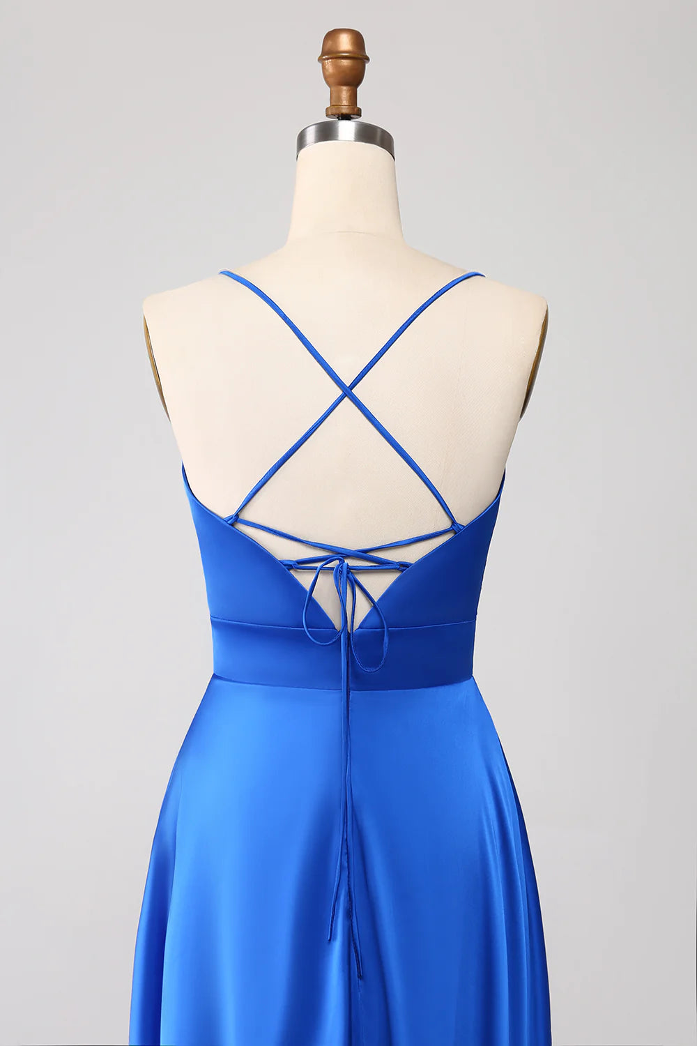 Beaira Royal Blue A Line Spaghetti Straps Satin Prom Dress with Slit