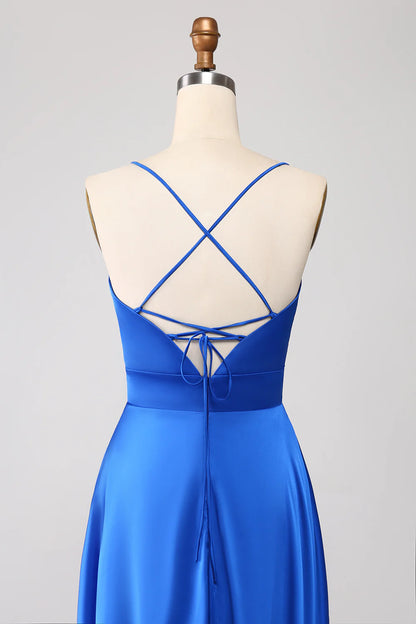 Beaira Royal Blue A Line Spaghetti Straps Satin Prom Dress with Slit