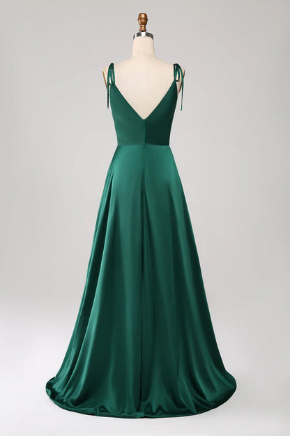 Beaira Simple Dark Green Spaghetti Straps Ruched Prom Dress with Slit