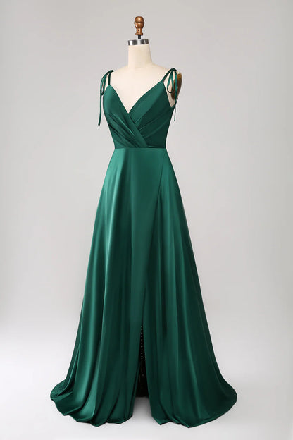 Beaira Simple Dark Green Spaghetti Straps Ruched Prom Dress with Slit