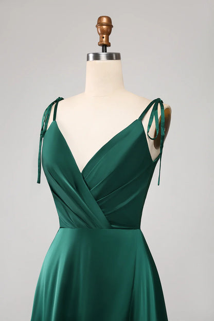 Beaira Simple Dark Green Spaghetti Straps Ruched Prom Dress with Slit