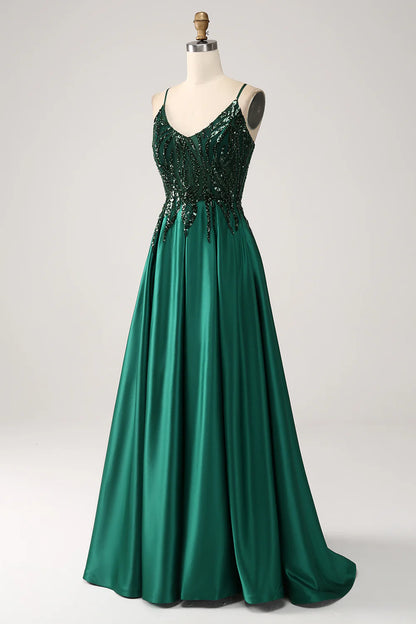 Beaira Dark Green A-Line Spaghetti Straps Long Prom Dress