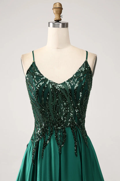 Beaira Dark Green A-Line Spaghetti Straps Long Prom Dress