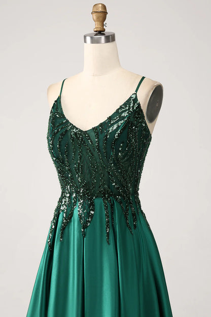 Beaira Dark Green A-Line Spaghetti Straps Long Prom Dress