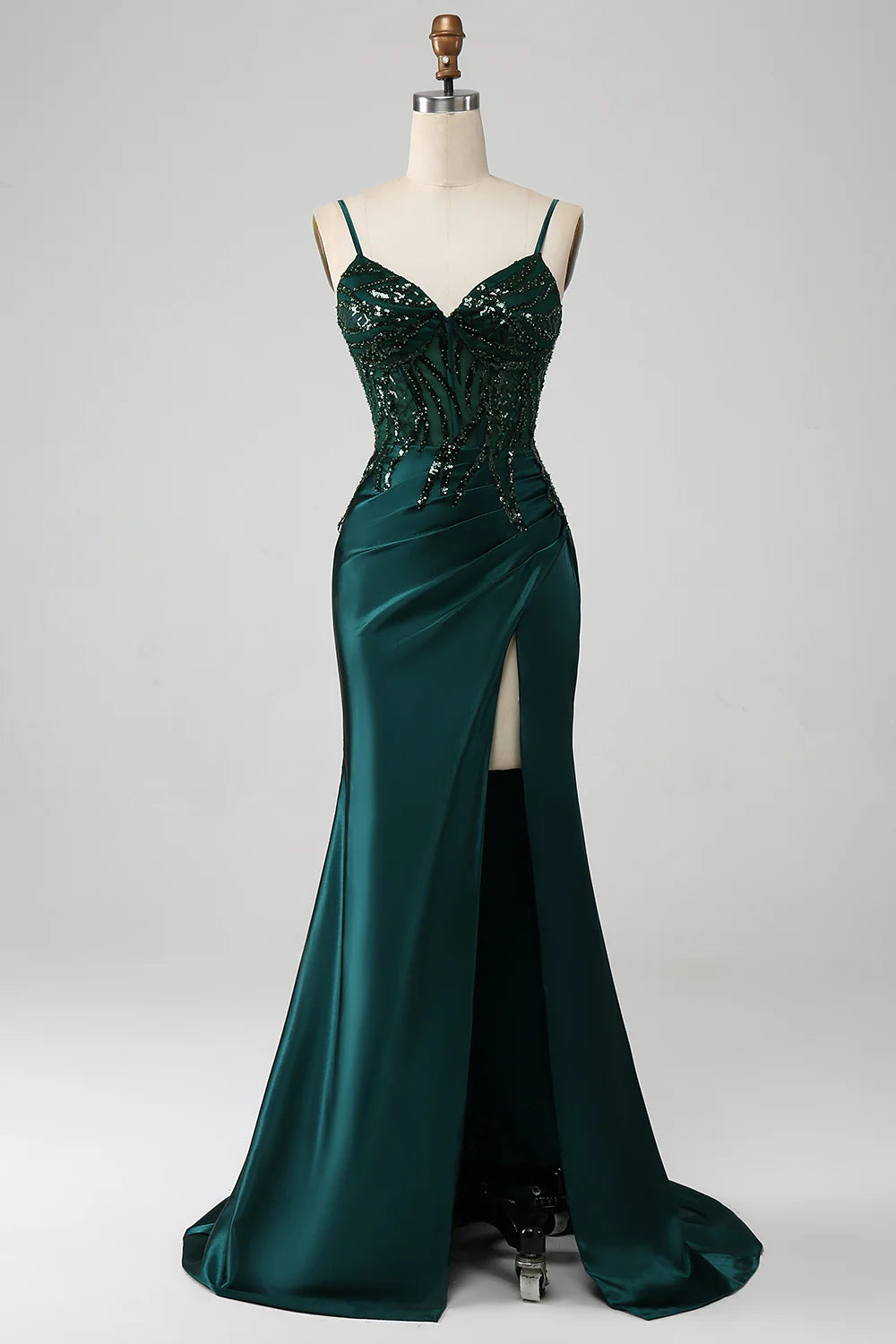 Beaira Sparkly Dark Green Mermaid Sequin Pleated Corset Prom Dress With Slit