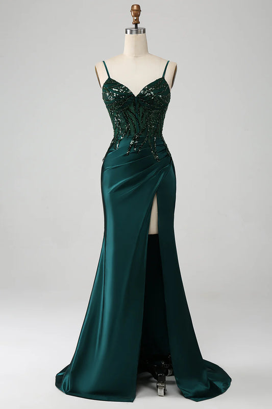 Beaira Sparkly Dark Green Mermaid Sequin Pleated Corset Prom Dress With Slit