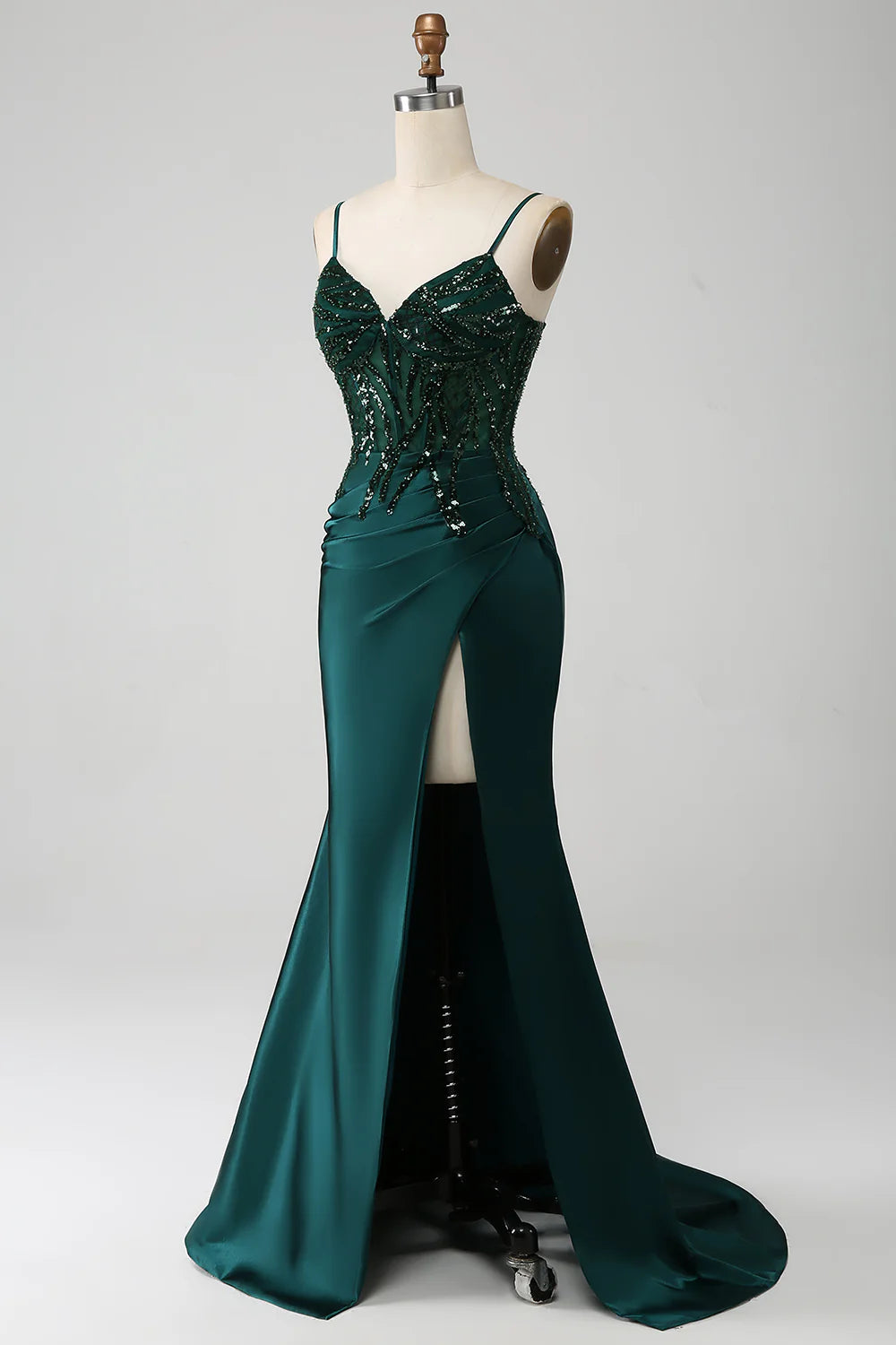 Beaira Sparkly Dark Green Mermaid Sequin Pleated Corset Prom Dress With Slit
