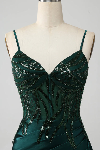 Beaira Sparkly Dark Green Mermaid Sequin Pleated Corset Prom Dress With Slit