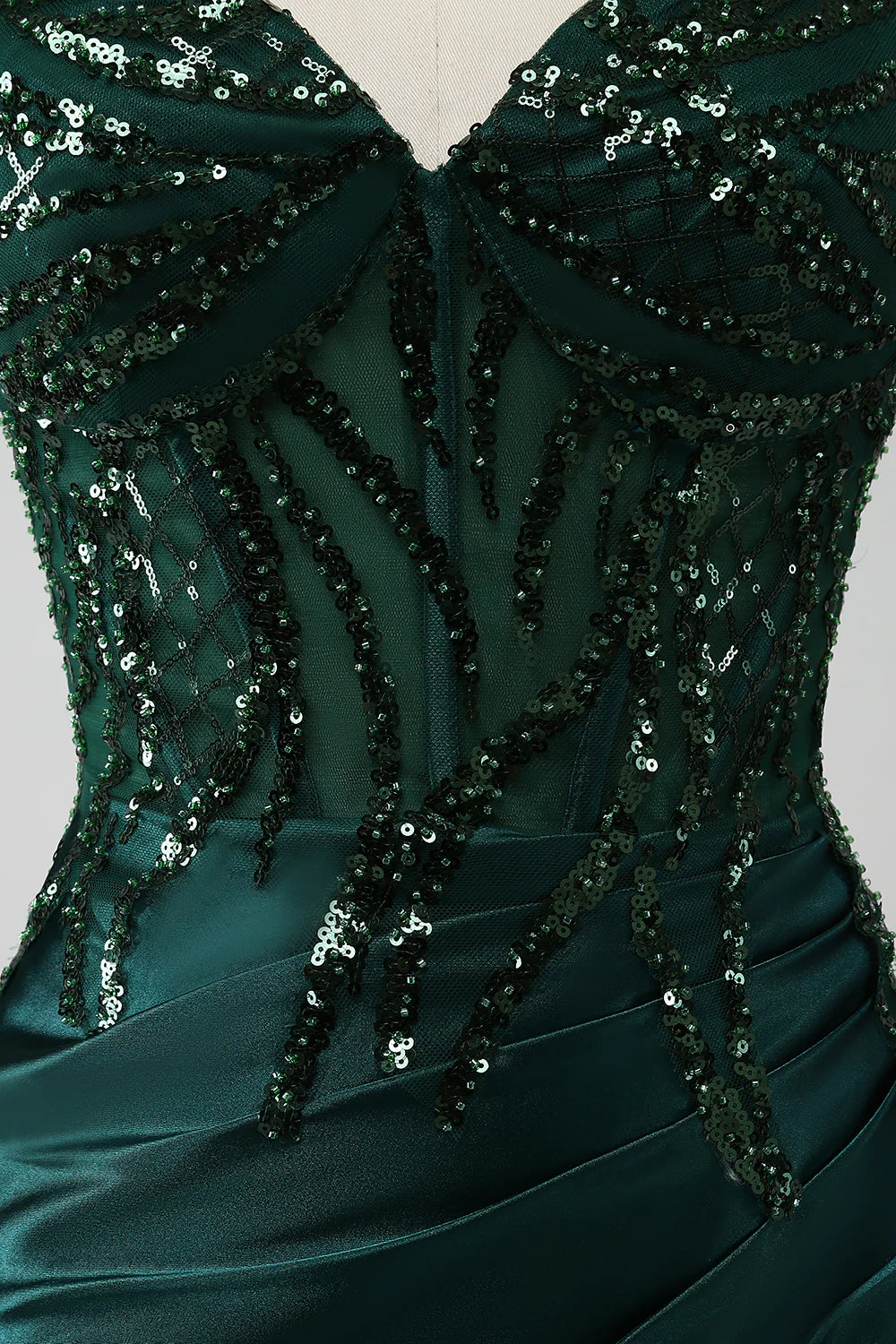 Beaira Sparkly Dark Green Mermaid Sequin Pleated Corset Prom Dress With Slit