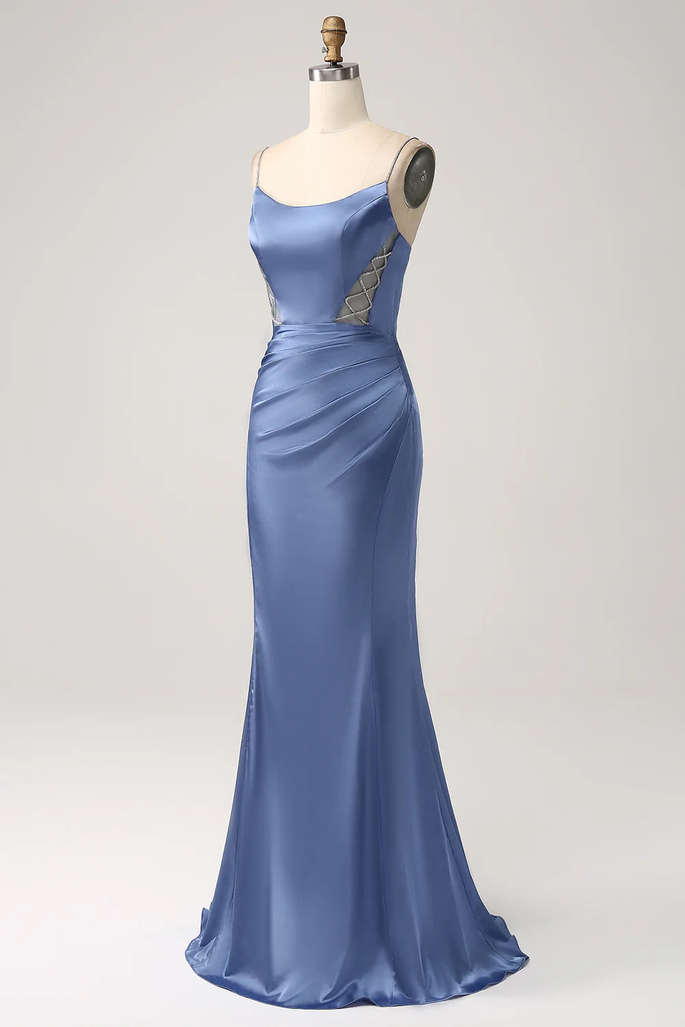 Beaira Mermaid Grey Blue Satin Spaghetti Straps Long Prom Dress