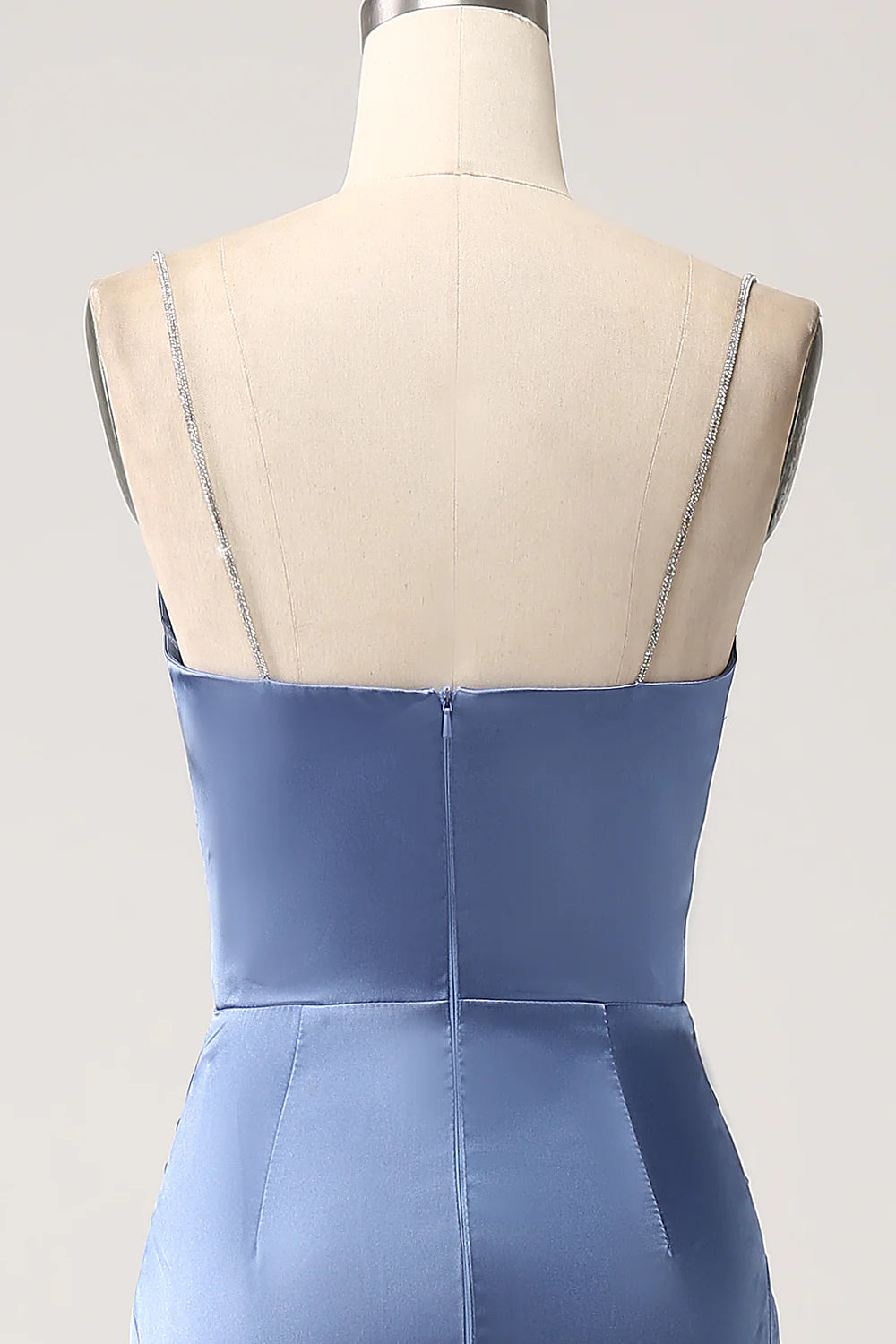 Beaira Mermaid Grey Blue Satin Spaghetti Straps Long Prom Dress