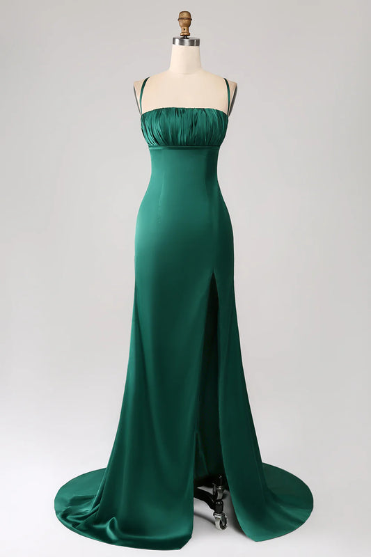 Beaira Dark Green Mermaid Spaghetti Straps Satin Prom Dress with Pleated