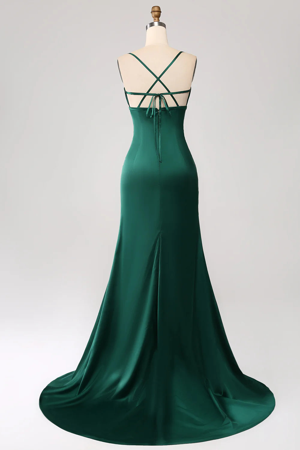Beaira Dark Green Mermaid Spaghetti Straps Satin Prom Dress with Pleated