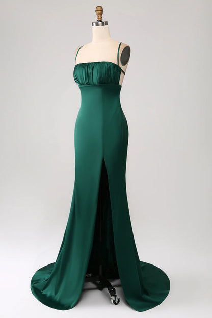 Beaira Dark Green Mermaid Spaghetti Straps Satin Prom Dress with Pleated