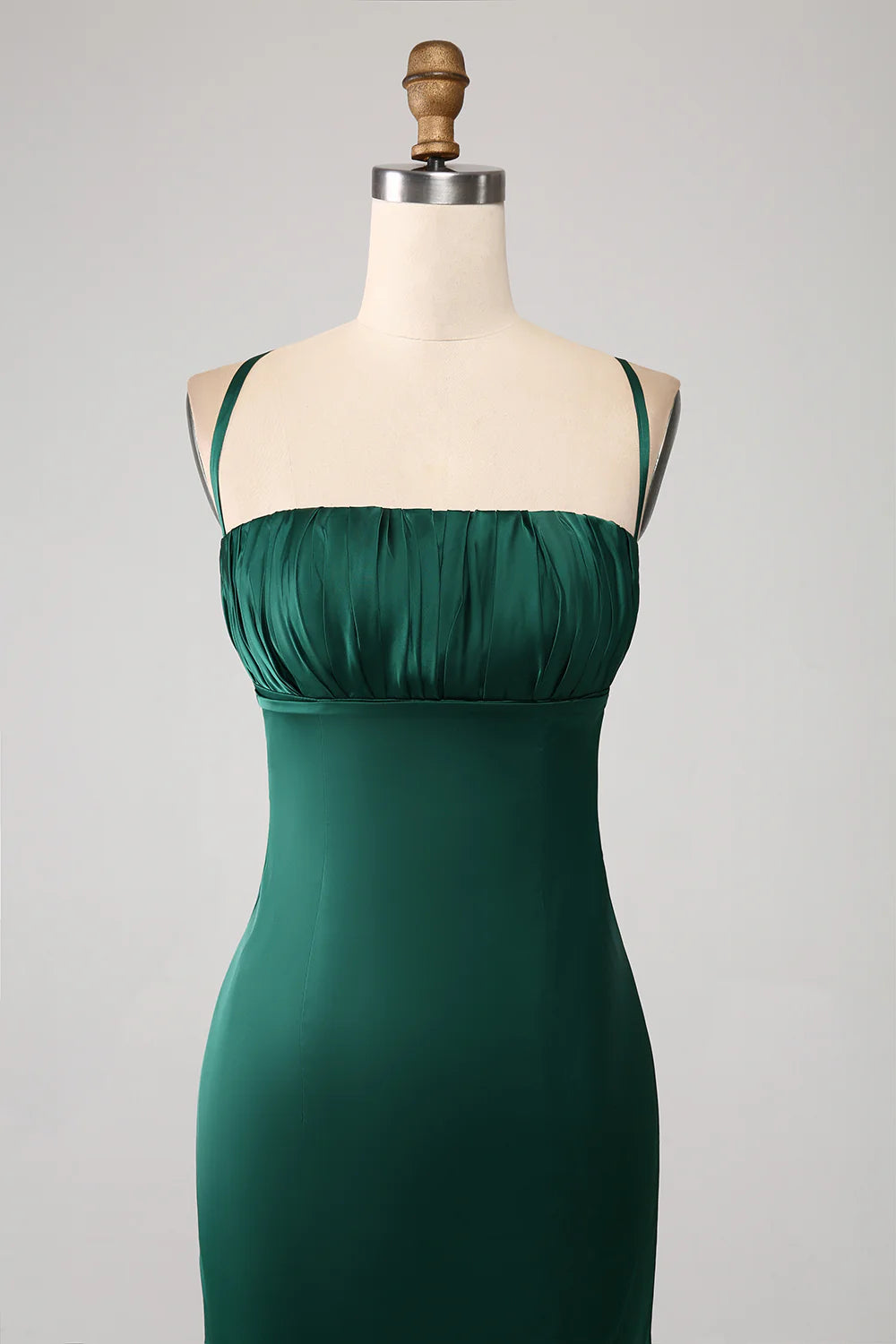 Beaira Dark Green Mermaid Spaghetti Straps Satin Prom Dress with Pleated