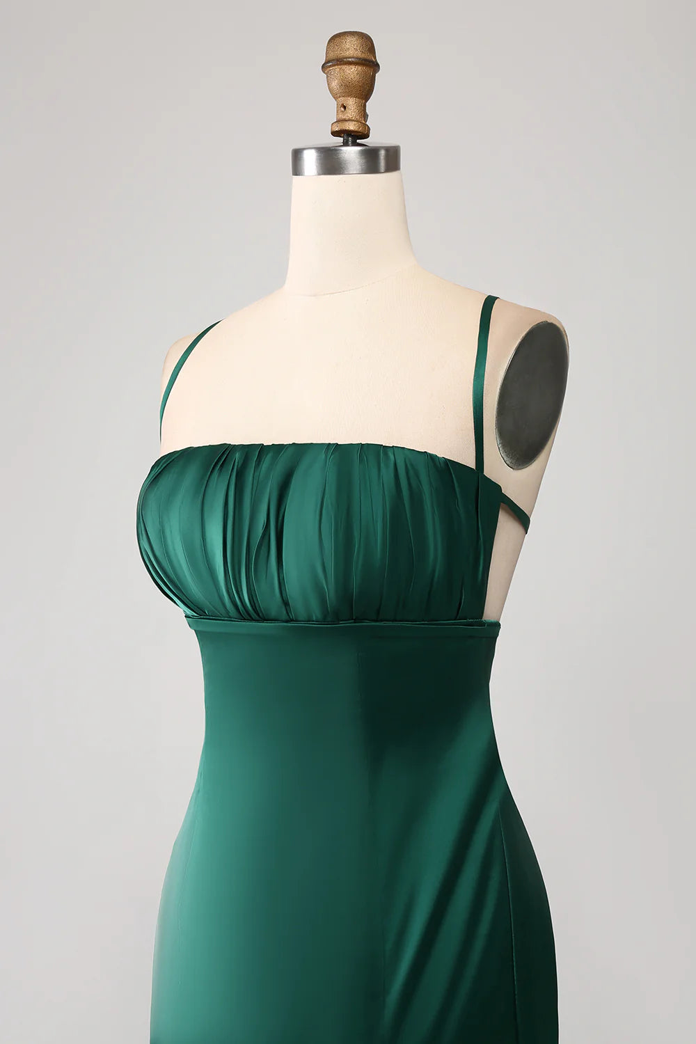 Beaira Dark Green Mermaid Spaghetti Straps Satin Prom Dress with Pleated
