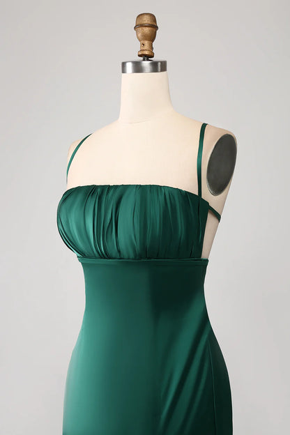 Beaira Dark Green Mermaid Spaghetti Straps Satin Prom Dress with Pleated