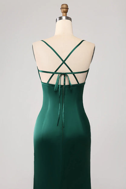 Beaira Dark Green Mermaid Spaghetti Straps Satin Prom Dress with Pleated